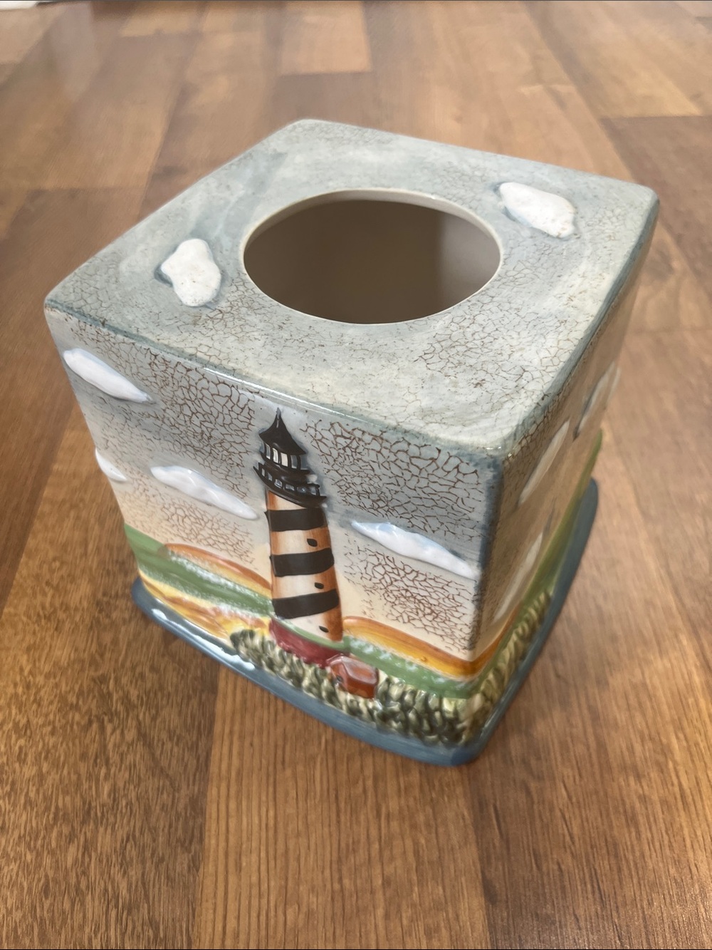 Lighthouse Square Tissue Box Cover Ceramic Crackle